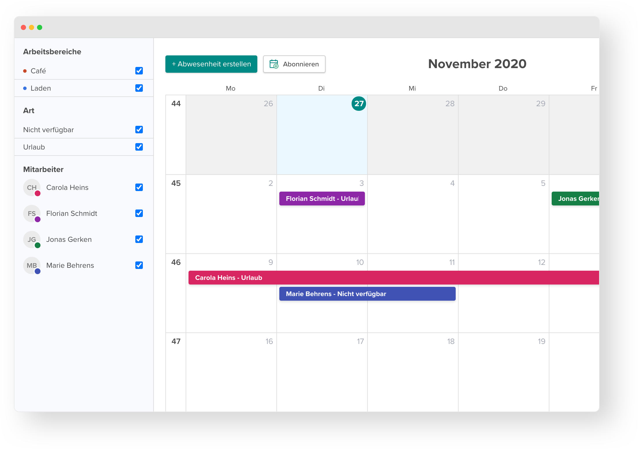 Image of vacation, absence and sickness in the calendar