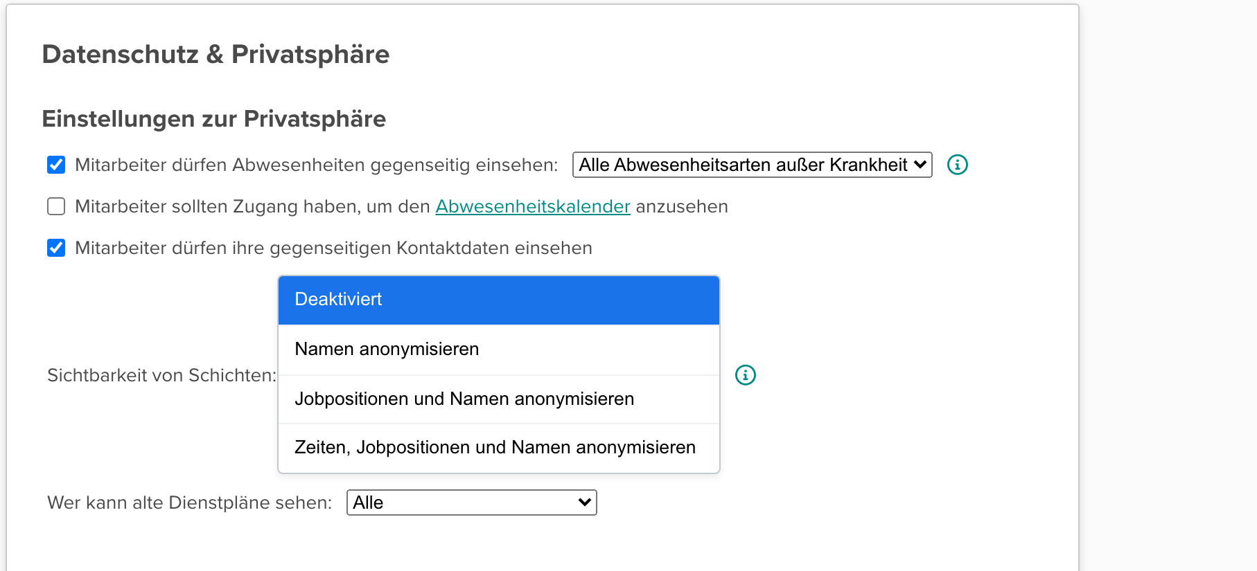 Screenshot der Einstellungen zur Privatsphäre mit geöffnetem Dropdown „Sichtbarkeit von Schichten:“ und vier sichtbaren Optionen