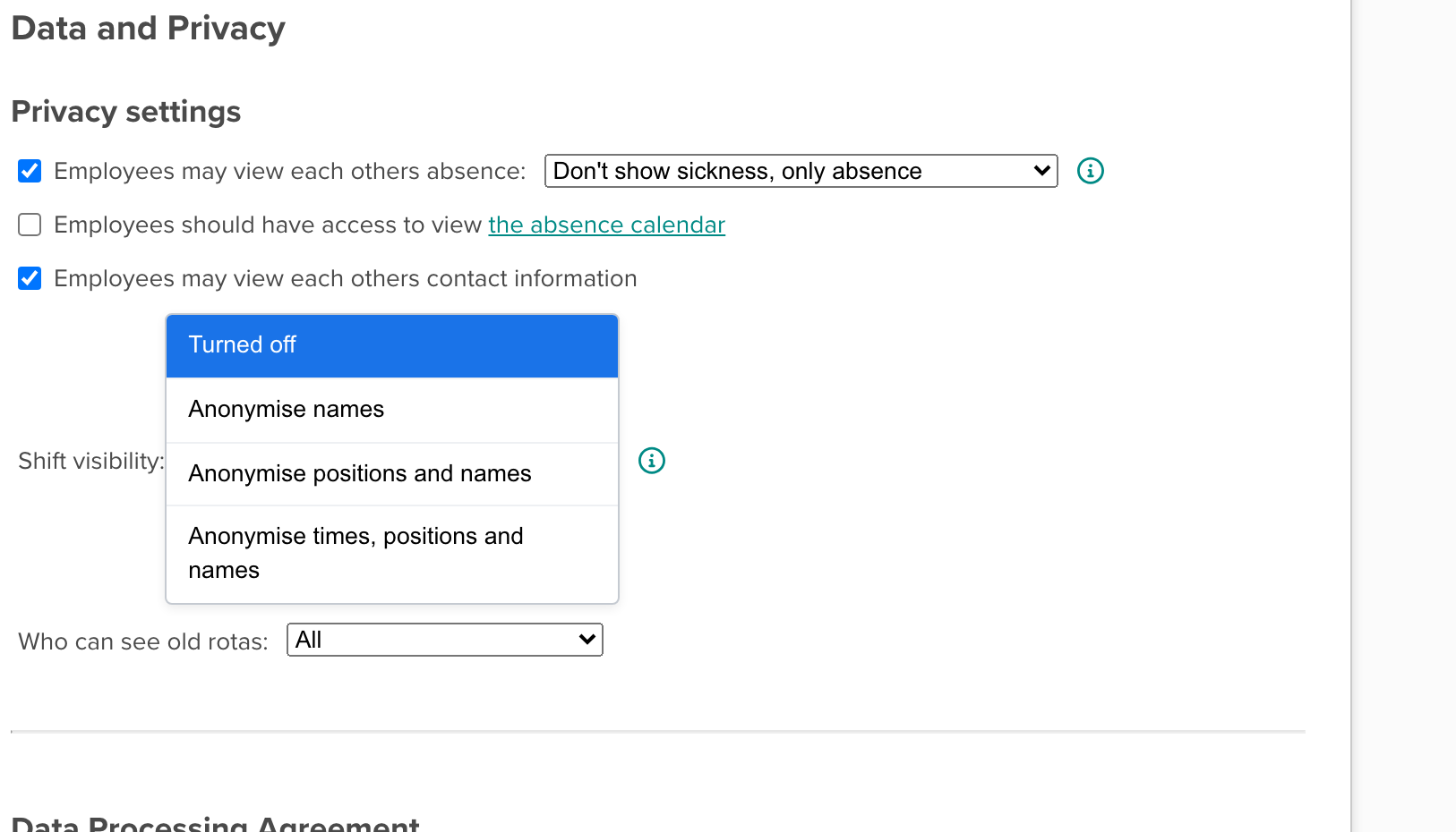 Screenshot of Privacy settings with the Shift visibility dropdown open and four options visible