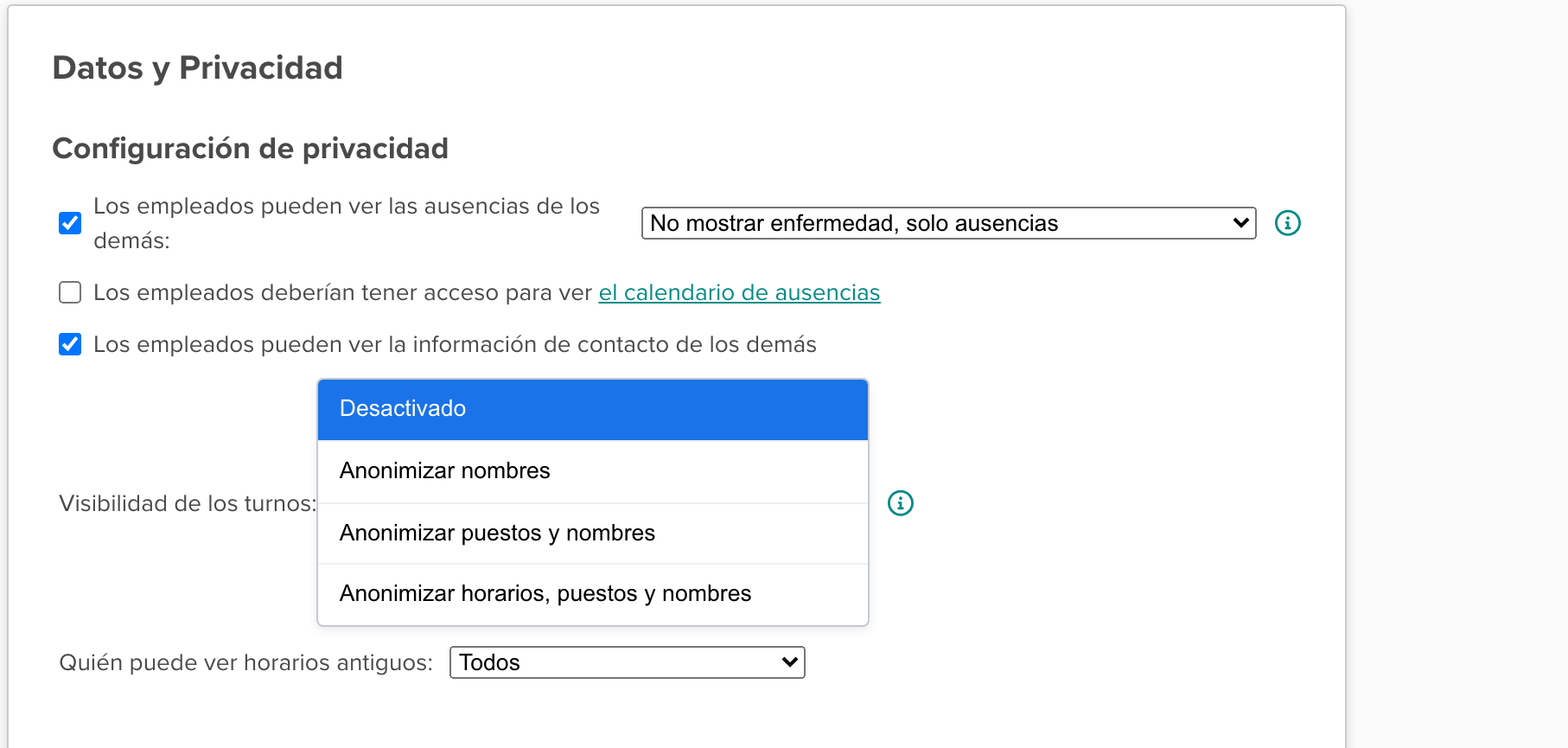 Imagen de los ajustes de privacidad con el desplegable Visibilidad de los turnos: abierto y cuatro opciones visibles