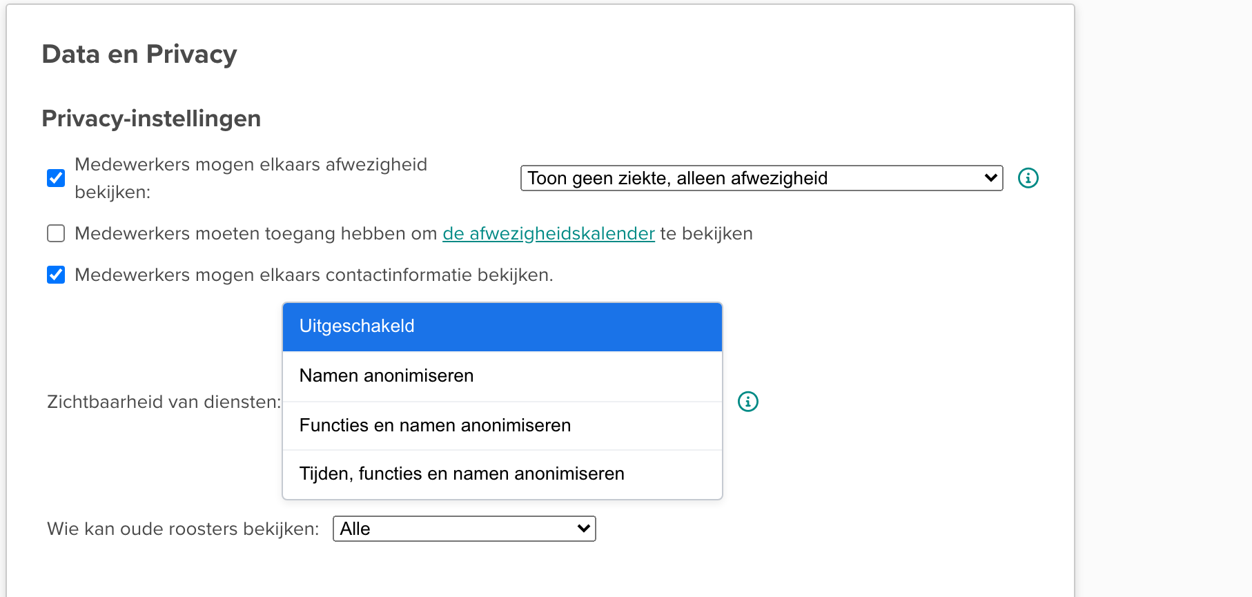 Afbeelding van privacy-instellingen met de dropdown Zichtbaarheid van diensten: geopend en vier zichtbare opties