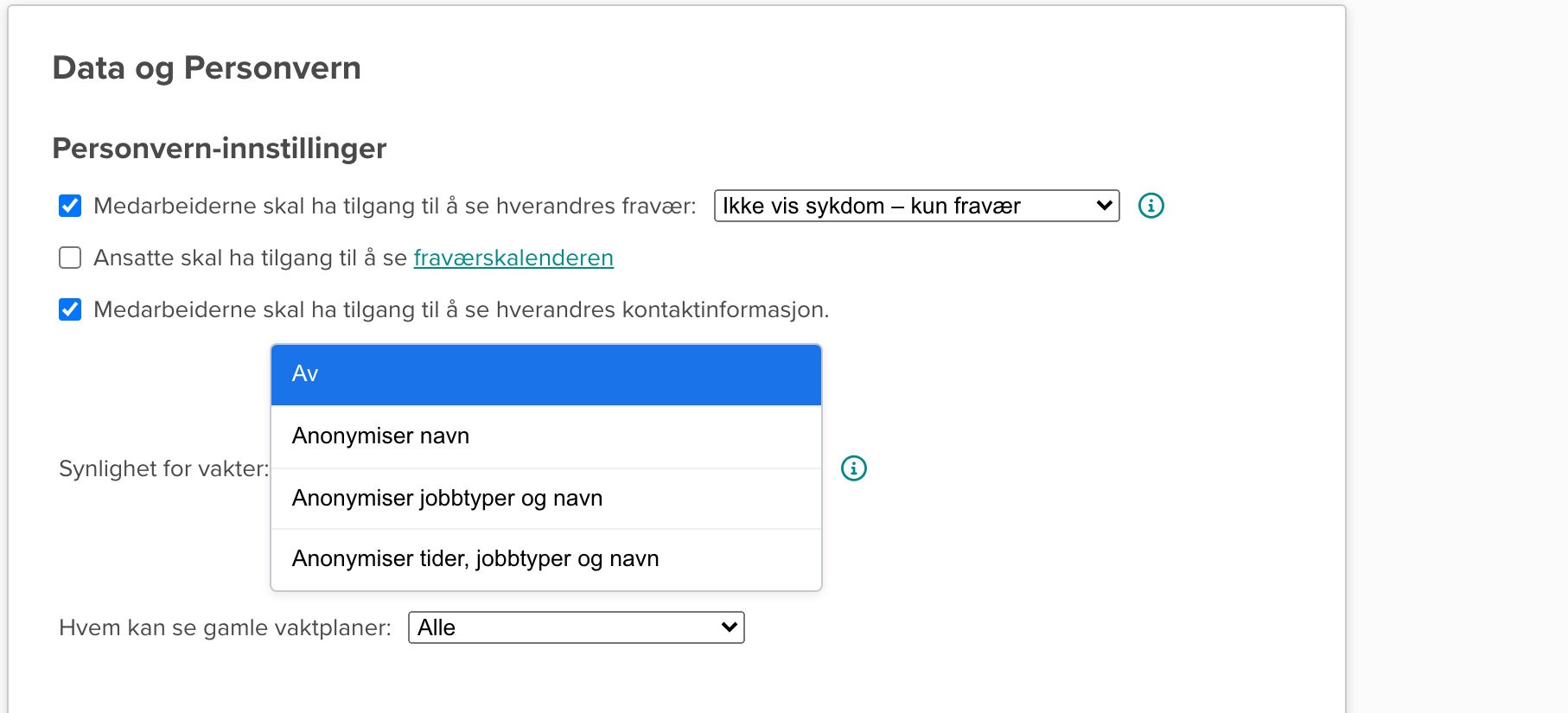 Personverninnstillinger i Smartplan med nedtrekksmenyen Synlighet for vakter åpen og fire valg synlige
