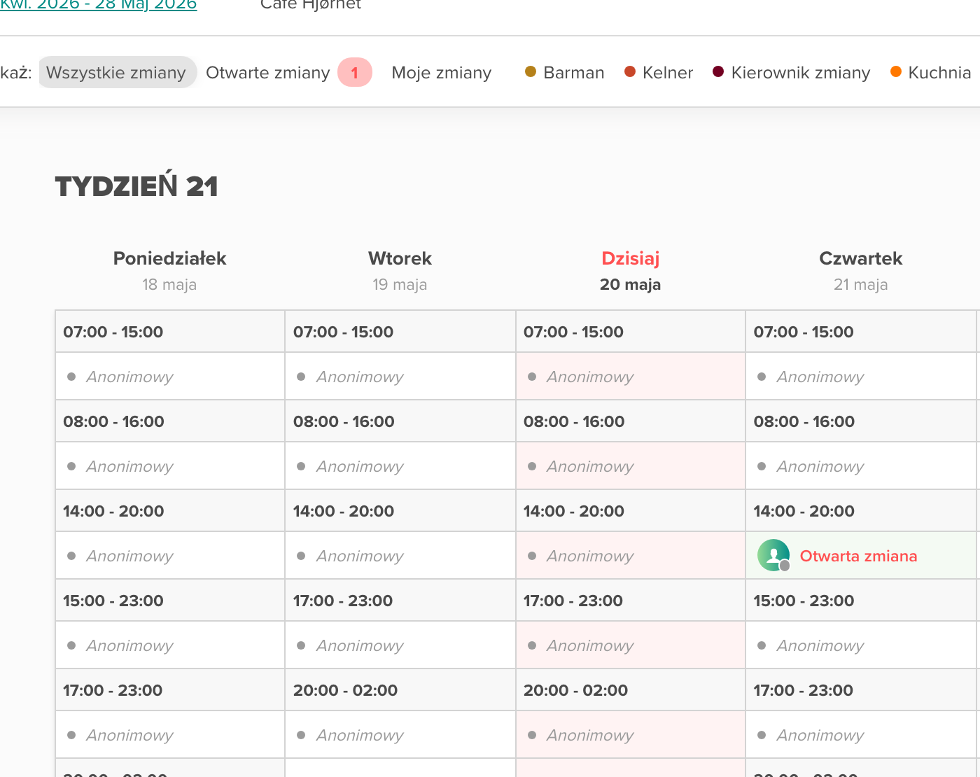 Zdjęcie przedstawiające grafik pracy z w pełni zanonimizowanymi zmianami — anonimowe wiersze z jednolitymi szarymi kropkami i bez kolorów stanowisk, podczas gdy legenda u góry nadal pokazuje oryginalne kolory