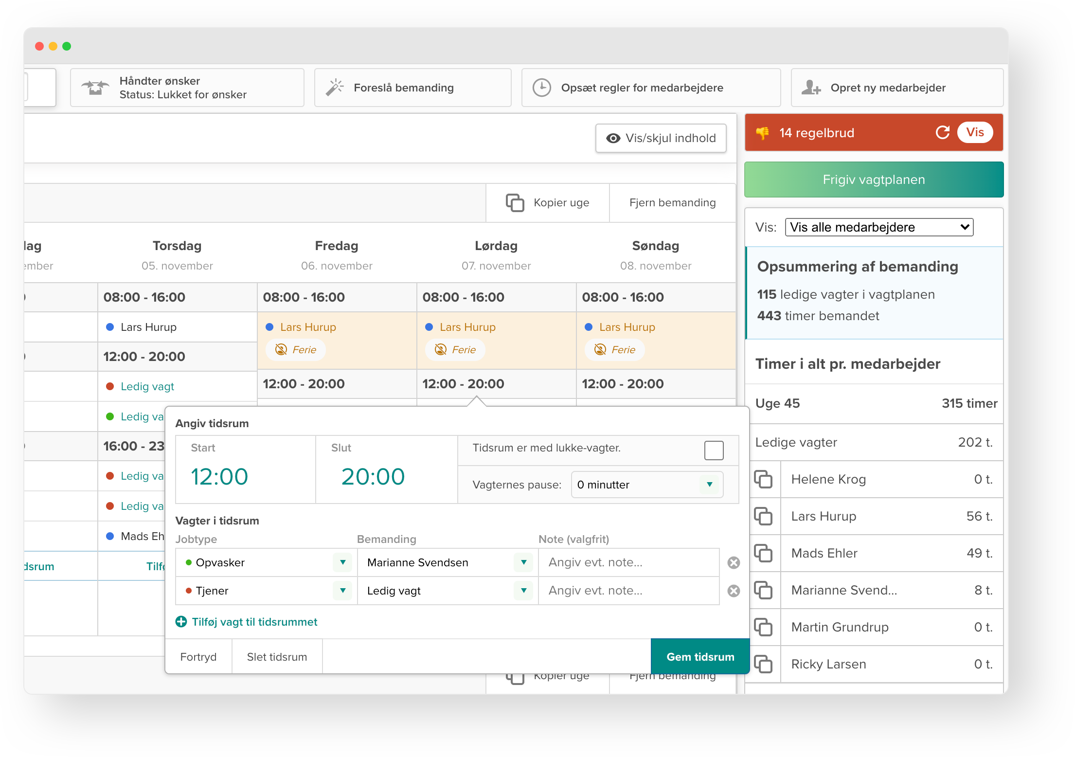 Screenshot of shift planning