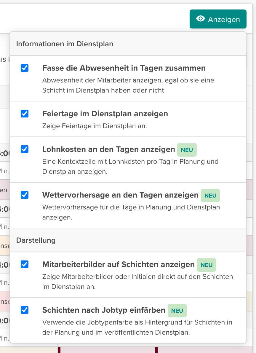 Anzeigeoptionen mit den neuen Funktionen, markiert als NEU
