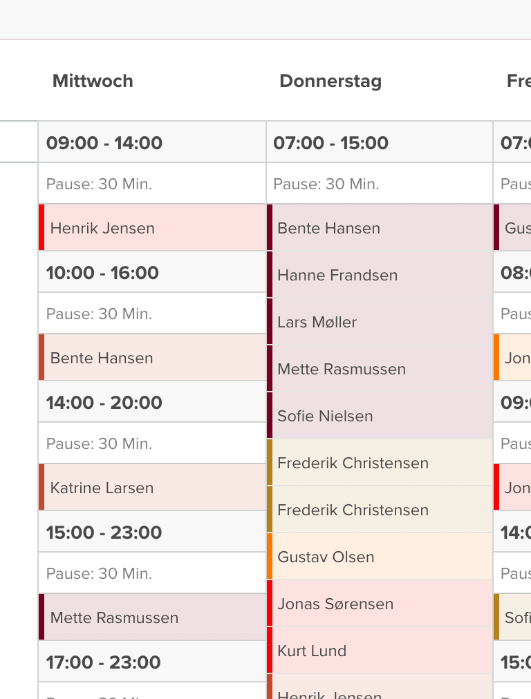 Per Drag-and-drop eine Schicht im Dienstplan von Smartplan von Dienstag auf Mittwoch verschieben