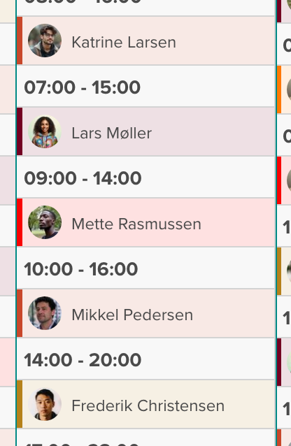 Shifts colour-coded by job type — the colours tell you who's working where