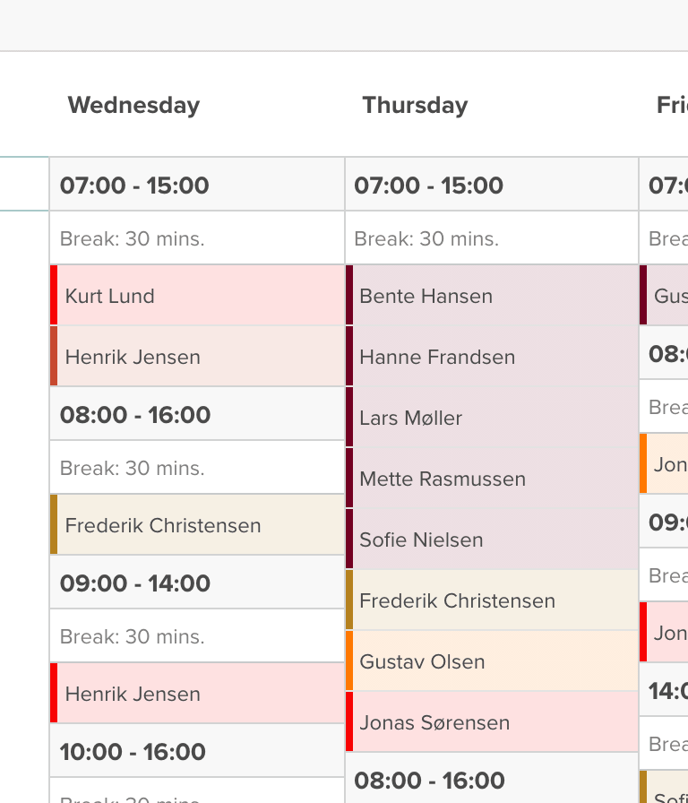 Drag-and-drop a shift from Tuesday to Wednesday in Smartplan's rota