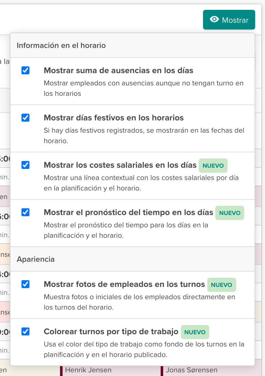 Imagen de las opciones de visualización con las nuevas funciones marcadas como NUEVO