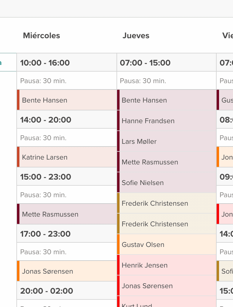 Arrastrar y soltar un turno del martes al miércoles en el cuadrante de Smartplan