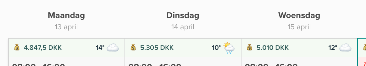 Dagelijkse loonkosten per dag in het rooster van Smartplan