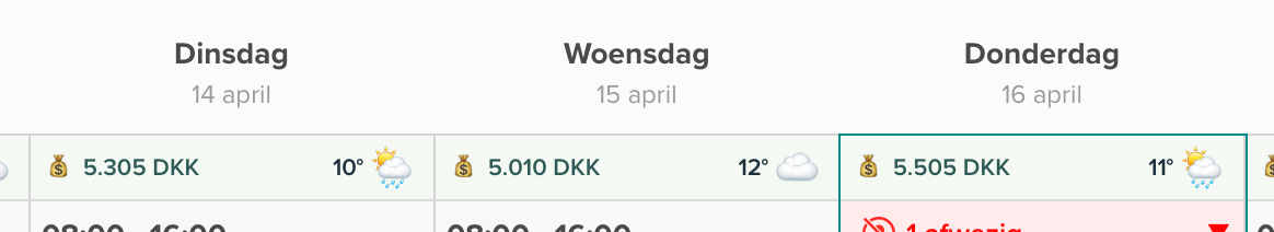 Weersvoorspelling met temperatuur en weericoon per dag in het rooster van Smartplan