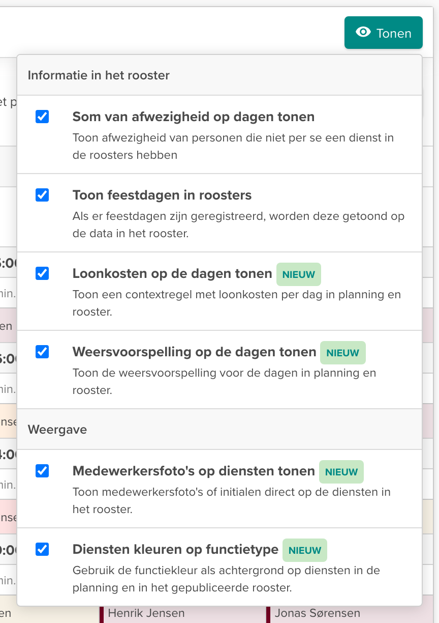 Weergaveopties met de nieuwe functies gemarkeerd als NEW