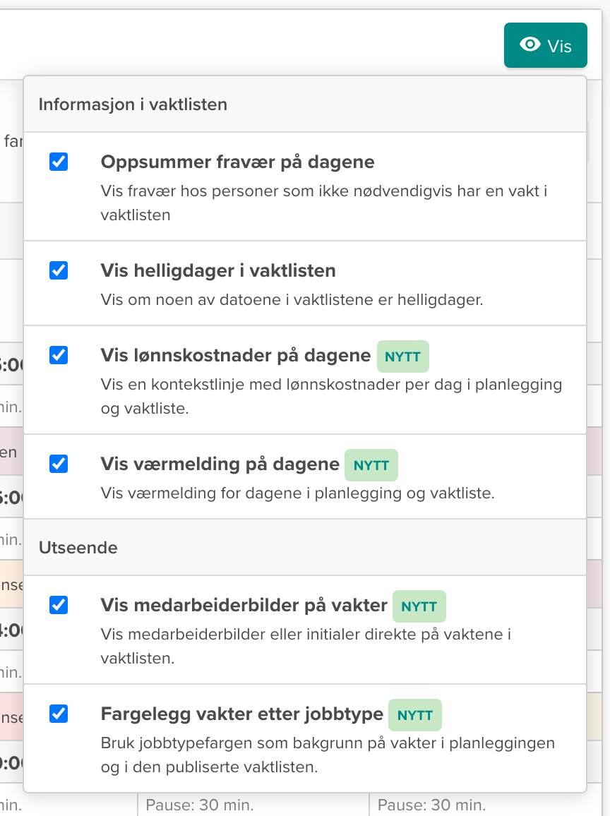 Visningsvalg med de nye funksjonene merket som NYTT