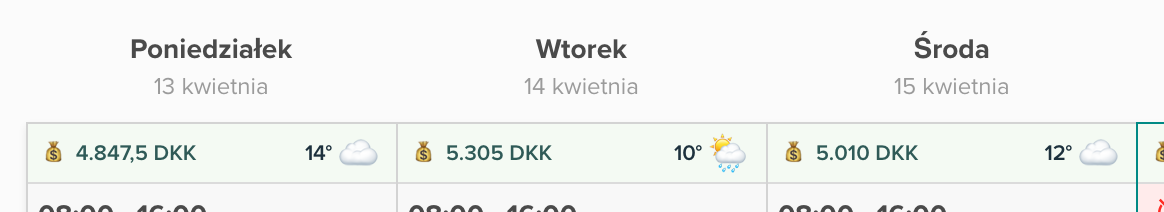 Dzienne koszty pracy pokazane przy każdym dniu w grafiku Smartplan