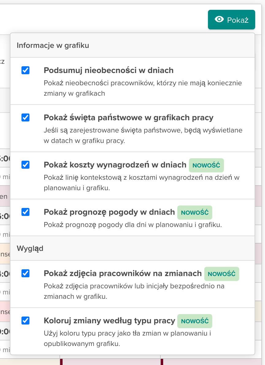 Opcje wyświetlania z nowymi funkcjami oznaczonymi jako NOWE