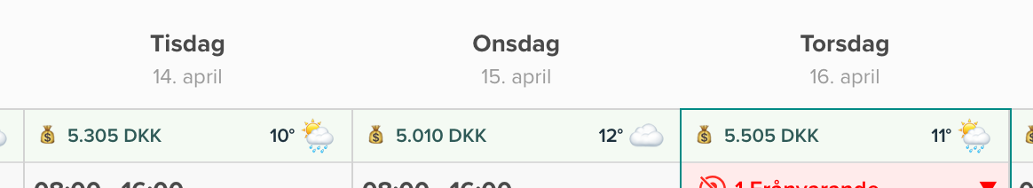 Väderprognos med temperatur och väderikon per dag i Smartplans schema