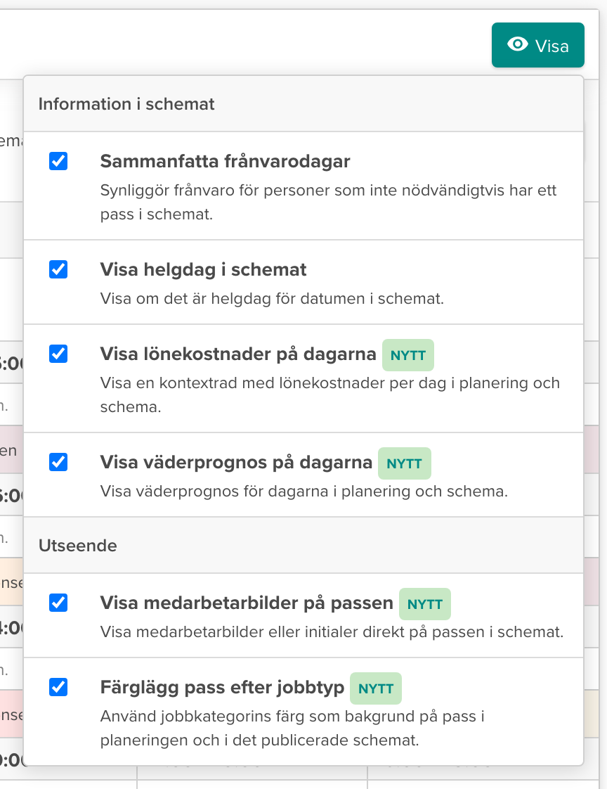 Visningsalternativ där de nya funktionerna är märkta som NYTT
