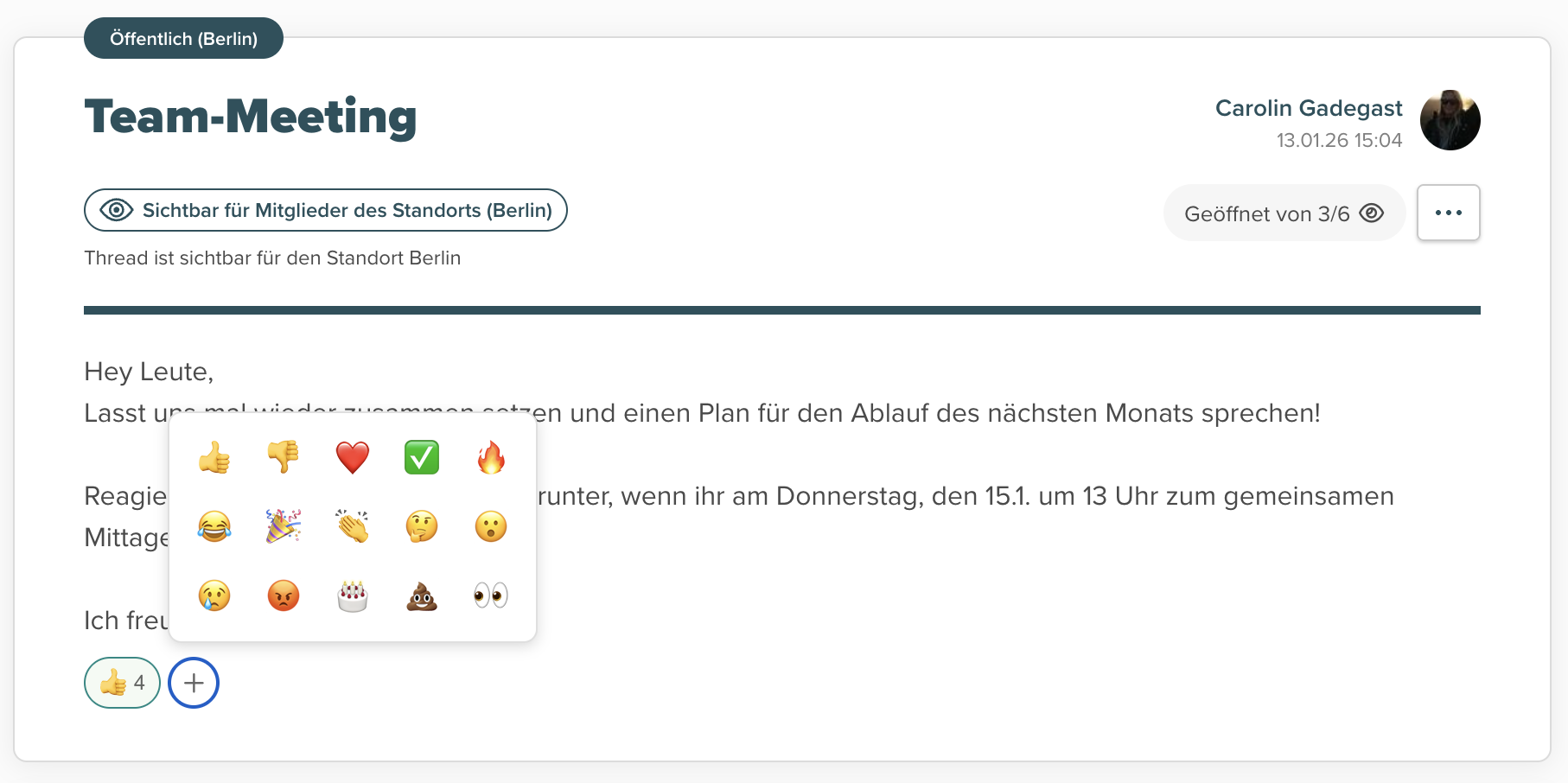 Reaktionen auf Nachrichten in Smartplan mit Emoji-Reaktionen auf eine Teamnachricht