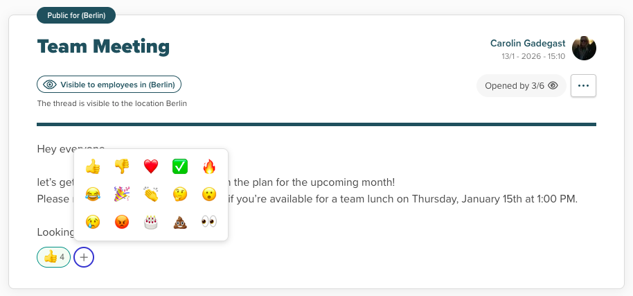 Reaction messaging in Smartplan showing emoji reactions on a team message