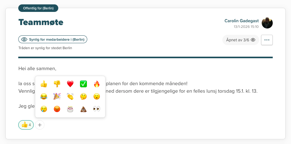 Reaksjoner på meldinger i Smartplan med emoji-reaksjoner på en teammelding