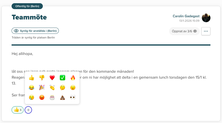 Reaktioner på meddelanden i Smartplan med emoji-reaktioner på ett teammeddelande