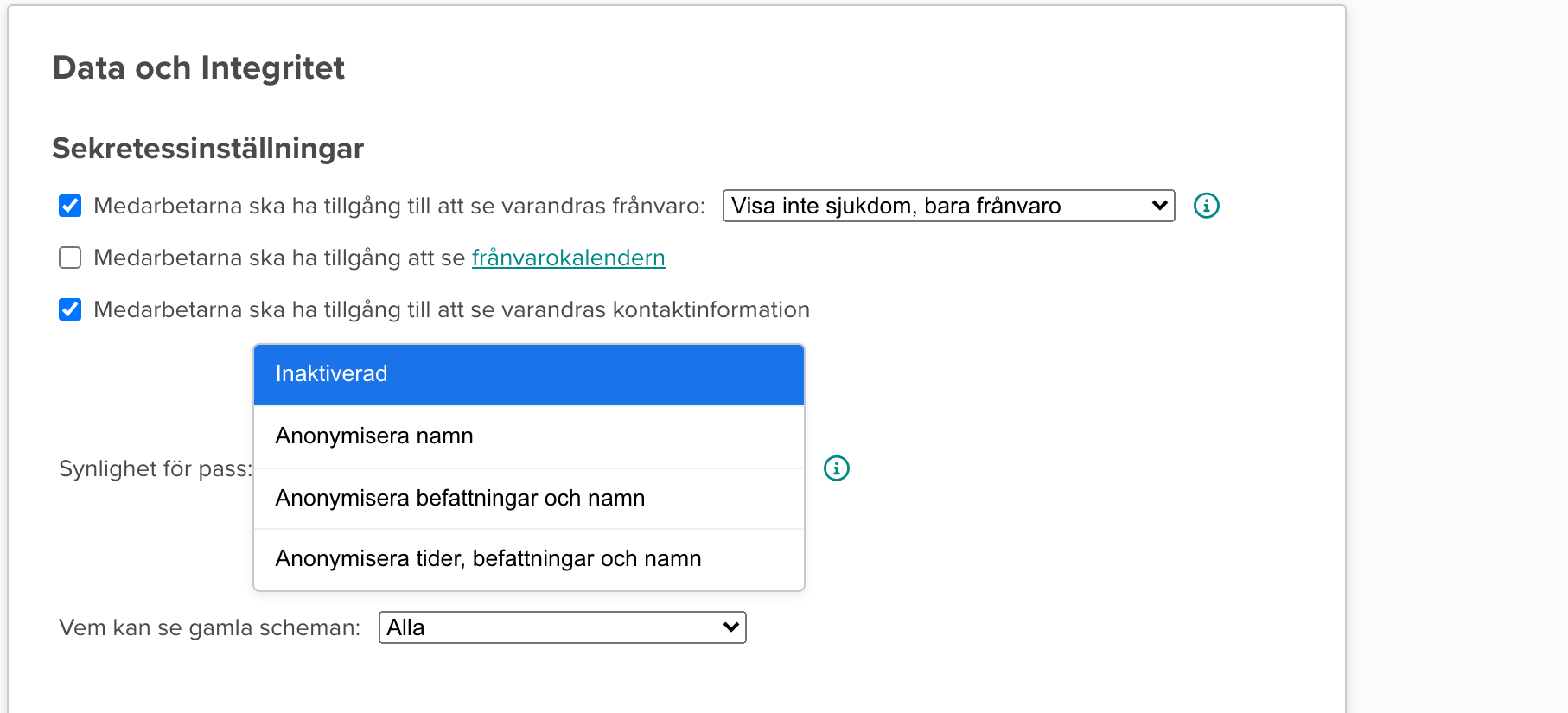 Skärmbild av sekretessinställningar med rullgardinsmenyn Synlighet för pass öppen och fyra alternativ synliga